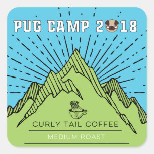 Pegatina Cuadrada Brasado medio de café con cola de rizo Pug Camp 20