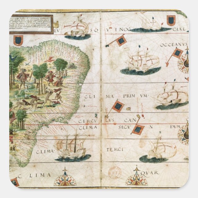 Pegatina Cuadrada Brasil del 'Atlas Miller' por Pedro Reinel (Anverso)