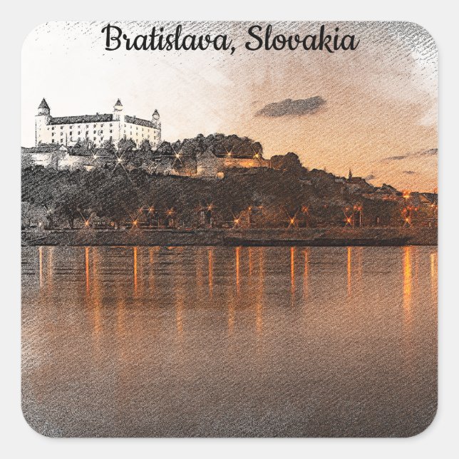 PEGATINA CUADRADA BRATISLAVA, RÍO DANUBE DEL CASTILLO DE ESLOVAQUIA (Anverso)