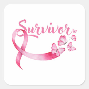 Pegatina Cuadrada Breast Cancer Awareness Pink Butterflies Ribbon