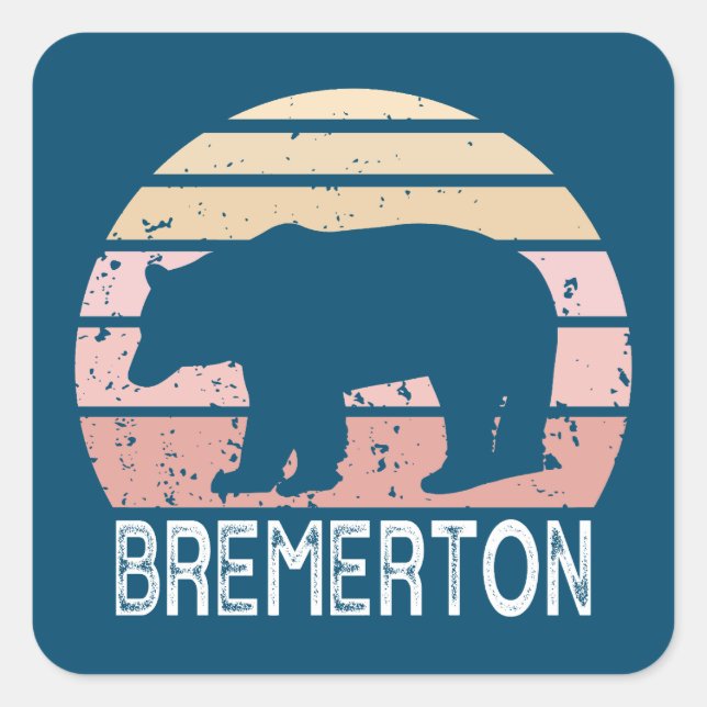 Pegatina Cuadrada Bremerton Washington Retro Bear (Anverso)