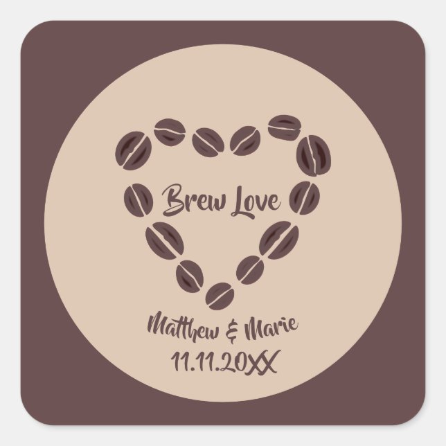 Pegatina Cuadrada Brew Love Coffee Bean Heart (Anverso)