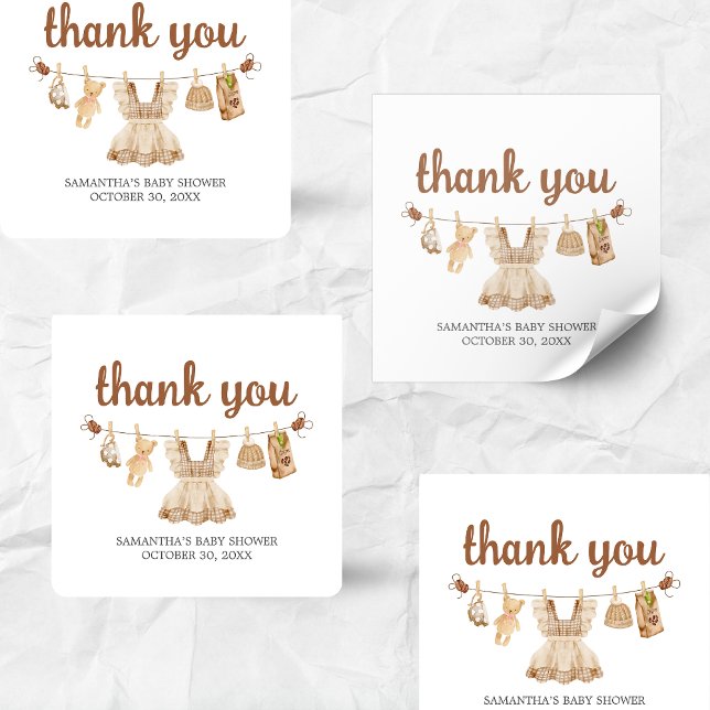 Pegatina Cuadrada Brewing Coffee Baby Shower (Coffee Little Bean Clothesline Baby Shower Sticker)