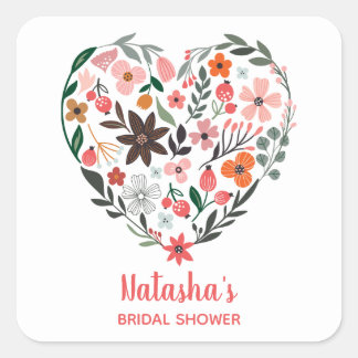 Pegatina Cuadrada Bridal Shower | Corazón de flores románticas y cap