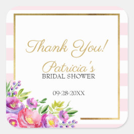 Pegatina Cuadrada Bridal Shower Gracias Floral Rosa & Oro