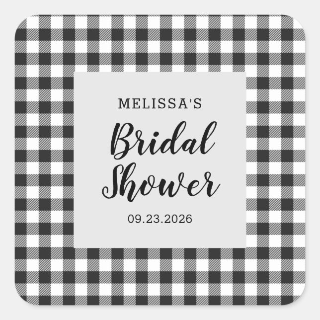 Pegatina Cuadrada Bridal Shower Plaid Black White Gingham (Anverso)