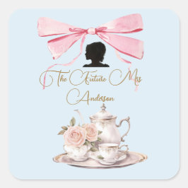 Pegatina Cuadrada Bridal Shower Regency Tea Fiesta Silhouette Ribbon