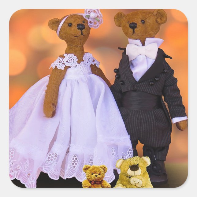 Pegatina Cuadrada Bride y Groom Teddy Bears (Anverso)
