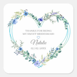 Pegatina Cuadrada Bridesmaid Floral Watercolor Heart in Blue Design