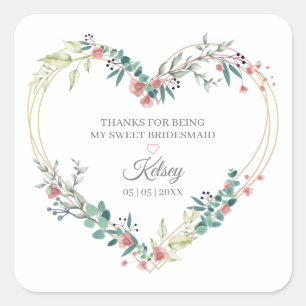 Pegatina Cuadrada Bridesmaid Watercolor Floral Heart in Pink Design