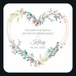 Pegatina Cuadrada Bridesmaid Watercolor Floral Heart in Pink Design<br><div class="desc">This Floral Watercolor Heart with Leaves in pink sticker design is totally romantic and contemporary, perfect for an actual any type of event. Very simple and delicate design of leaves and flowers on fine lines in the shape of a heart is the sticker that I created for you. Customize it...</div>