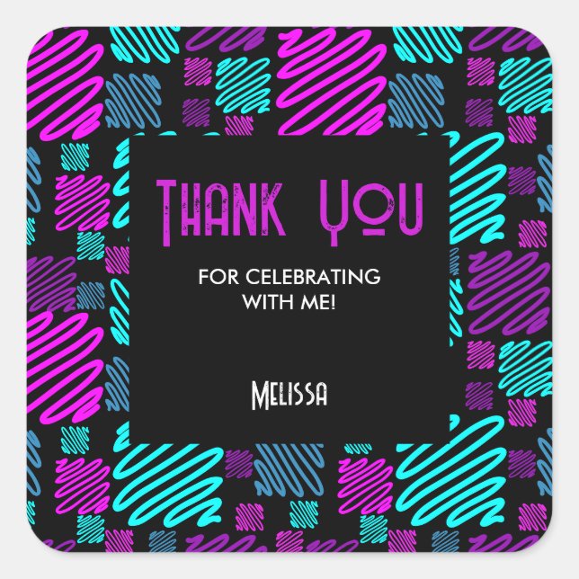 Pegatina Cuadrada Bright Neon Purple Blue Geometric Gracias (Anverso)