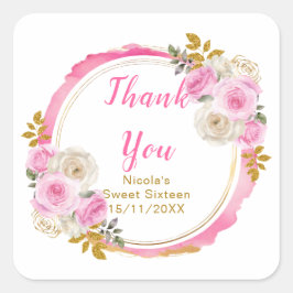 Pegatina Cuadrada Bright Pink and Gold Elegant Flowers Sweet Sixteen