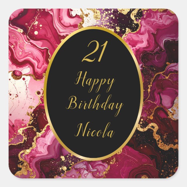 Pegatina Cuadrada Bright Red and Gold Marble Agate Birthday Party (Anverso)