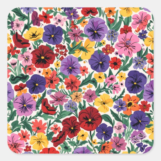 Pegatina Cuadrada Bright Spring Pansies Floral Garden Pattern (Anverso)