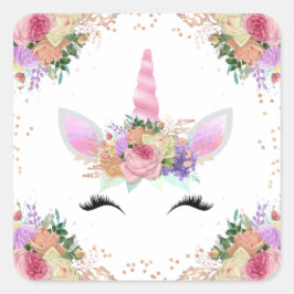 Pegatina Cuadrada Brillante Floral Unicornio