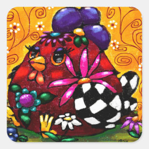 Pegatina Cuadrada Brillante Funky Chunky Floral Pollo colorido