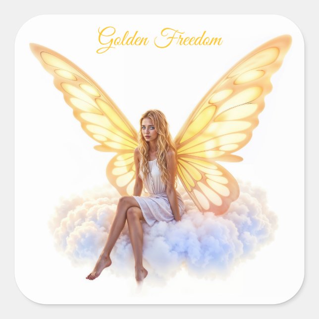 Pegatina Cuadrada Brillante hada dorada mariposa alas belleza suave (Anverso)