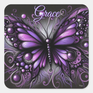Pegatina Cuadrada Brillante mariposa gótica morada color negro