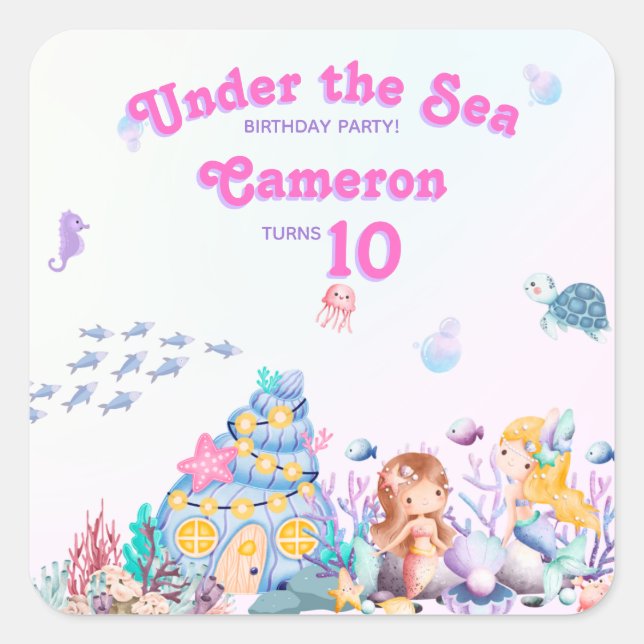 Pegatina Cuadrada Brillante y elegante dulce bajo la sirena marina (Anverso)