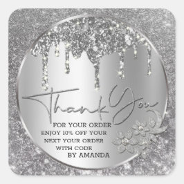 Pegatina Cuadrada Brillo Gracias Plata Goteo Glitter 