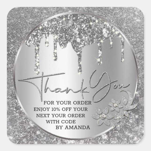 Pegatina Cuadrada Brillo Gracias Plata Goteo Purpurina (Anverso)