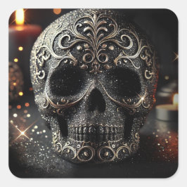 Pegatina Cuadrada Brillo Negro Glam Brillante Calavera Gótico