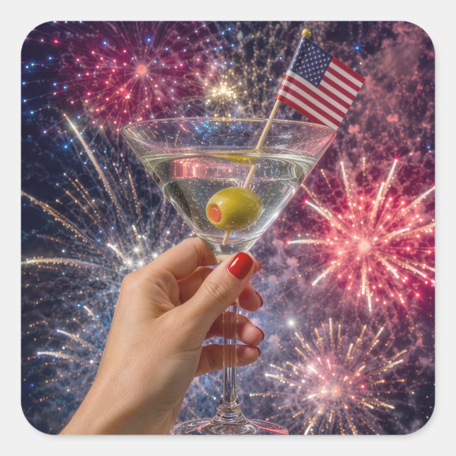Pegatina Cuadrada Brindis de Martini del 4 de Julio (Anverso)