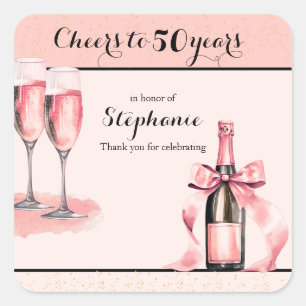 Pegatina Cuadrada Brindis por 50 Años Cumpleaños Champagne Rosa