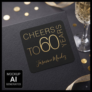Pegatina Cuadrada Brindis por 60 años Black Gold Chic Elegante