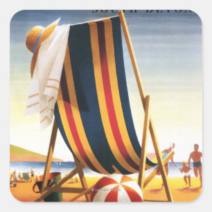 Pegatina Cuadrada British Railways Beach Chair y Ball Poster