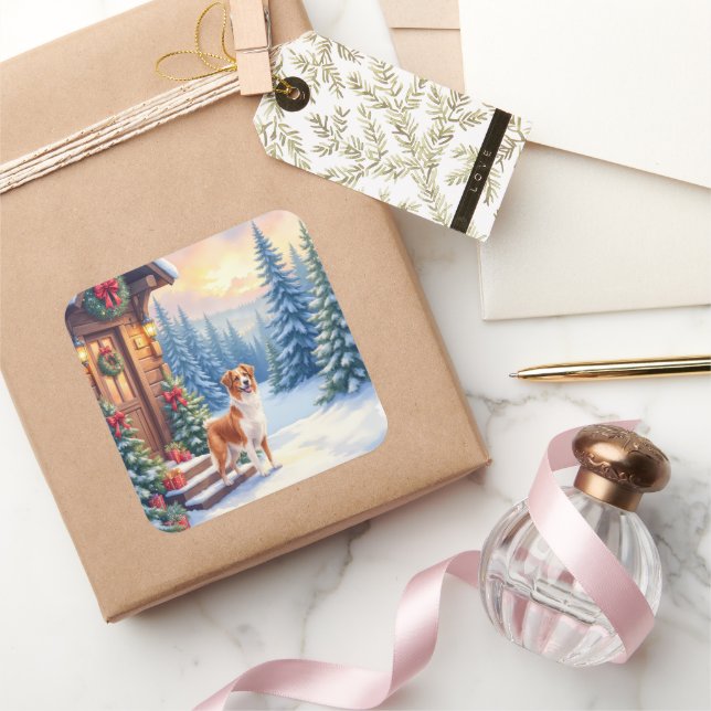 Pegatina Cuadrada Brittany Rustic Cabin Christmas Winter Art (Regalar)