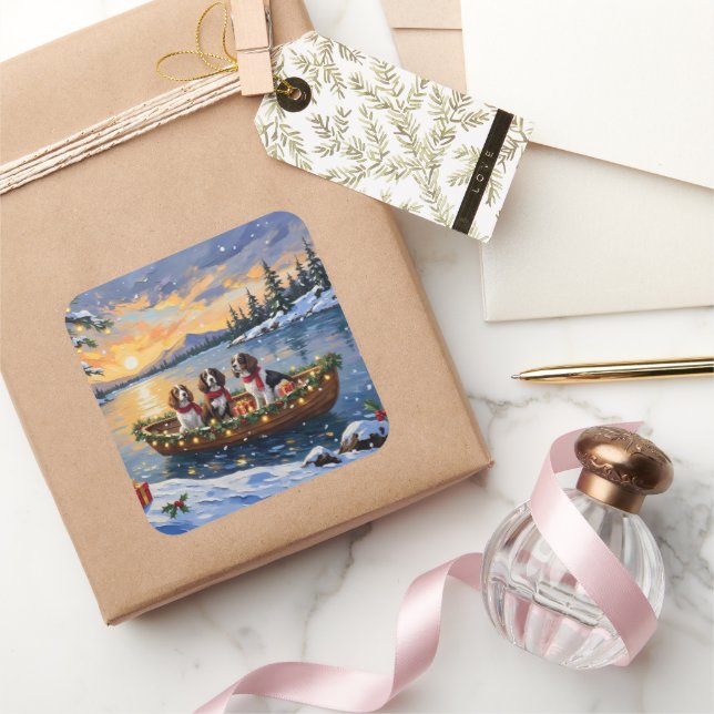 Pegatina Cuadrada Brittany Spaniel Christmas Boat Holiday (Regalar)