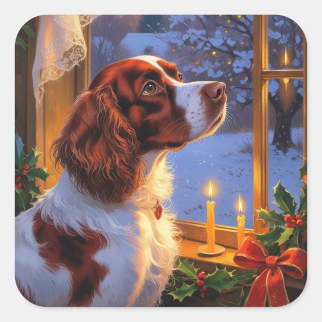 Pegatina Cuadrada Brittany Spaniel con Luces de Navidad Fiesta  (Anverso)