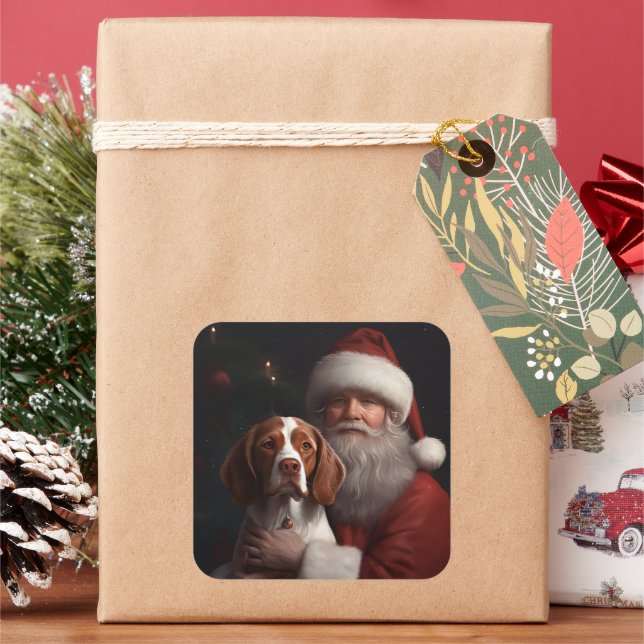 Pegatina Cuadrada Brittany Spaniel con Santa Claus Navidad (Vacaciones)