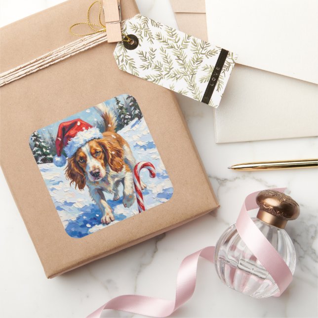 Pegatina Cuadrada Brittany Spaniel Dog Pointing at Christmas Candy (Regalar)