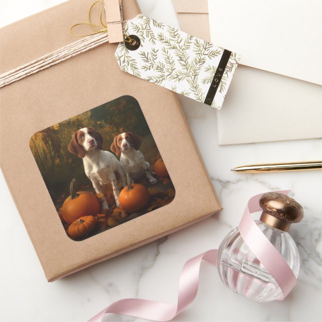 Pegatina Cuadrada Brittany Spaniel Puppy Calabaza deslumbrante otoño (Regalar)