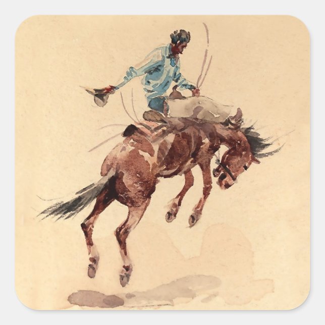Pegatina Cuadrada Bronc Rider 2 de Edward Borein (Anverso)