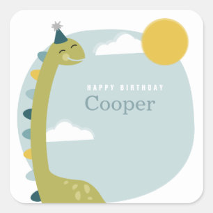 Pegatina Cuadrada Brontosauro Azul Dinosaurio Cumpleaños