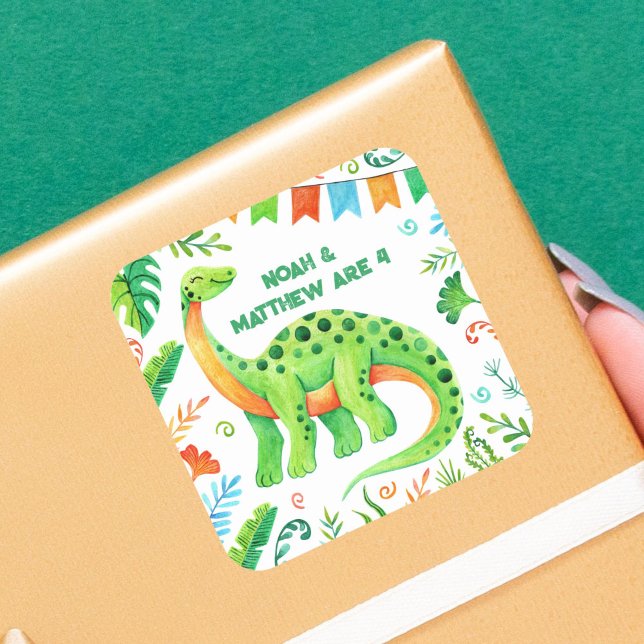Pegatina Cuadrada Brontosaurus Dinosaur Doble Celebración Niños (Brontosaurus Dinosaur Joint Birthday Square Sticker)