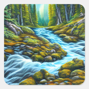 Pegatina Cuadrada Brook de burbuja de la naturaleza mágica