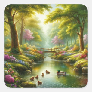 Pegatina Cuadrada Brook de primavera con patos/flores