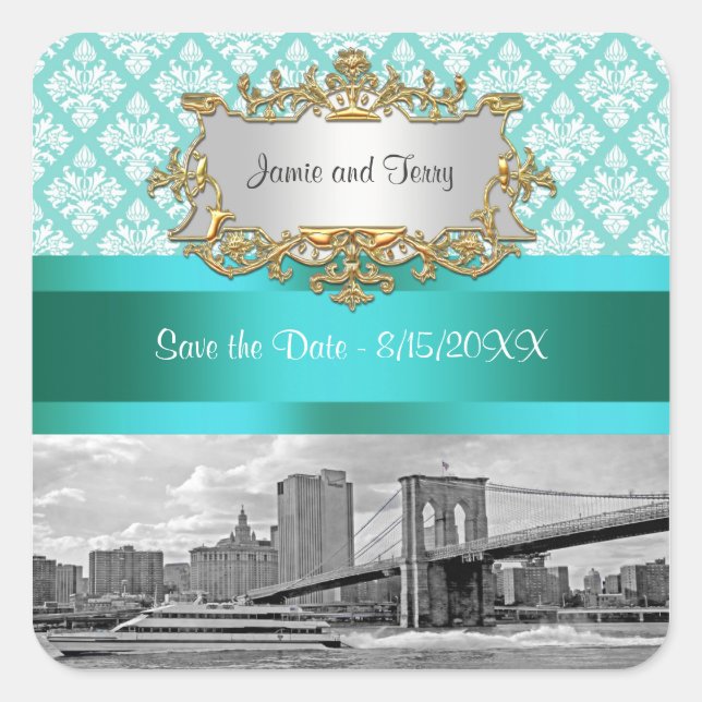 Pegatina Cuadrada Brooklyn Bridge Turquoise Whats Damask Save Date (Anverso)