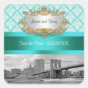 Pegatina Cuadrada Brooklyn Bridge Turquoise Whats Damask Save Date