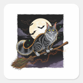 Pegatina Cuadrada Broomstick Rider Coon - Maine Coon Halloween