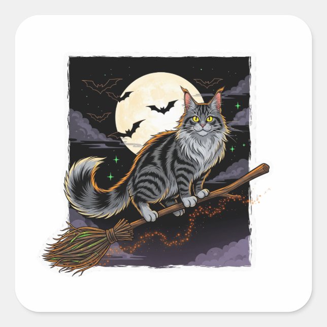 Pegatina Cuadrada Broomstick Rider Coon - Maine Coon Halloween (Anverso)
