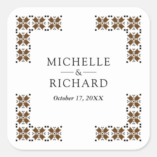 Pegatina Cuadrada Brown and Black Ukrainian Embroidery Wedding (Anverso)