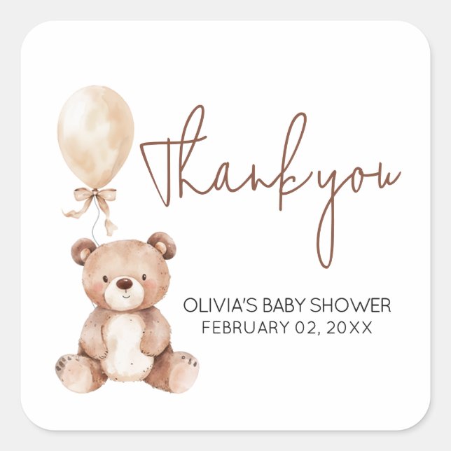 Pegatina Cuadrada Brown Bear Balloon Baby Shower (Anverso)