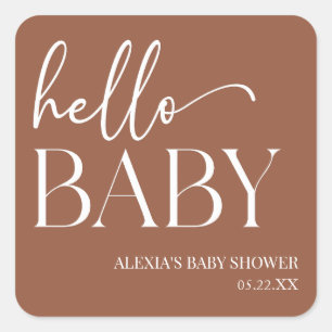 Pegatina Cuadrada Brown Boho Bohemian Hello Baby Baby Shower
