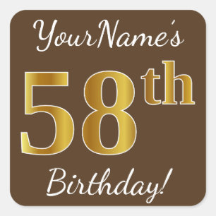 Pegatina Cuadrada Brown, Faux Gold 58th Birthday + Custom Name